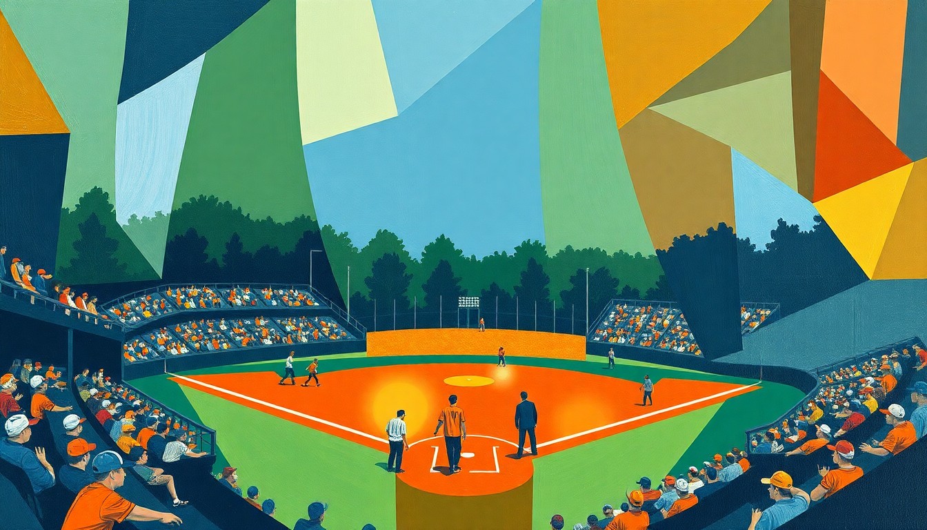 A fragmented, geometric painting depicting the dynamic movements and competing perspectives of a high school baseball game, with players, field, and crowd reduced to abstracted angular shapes in a bold color palette.