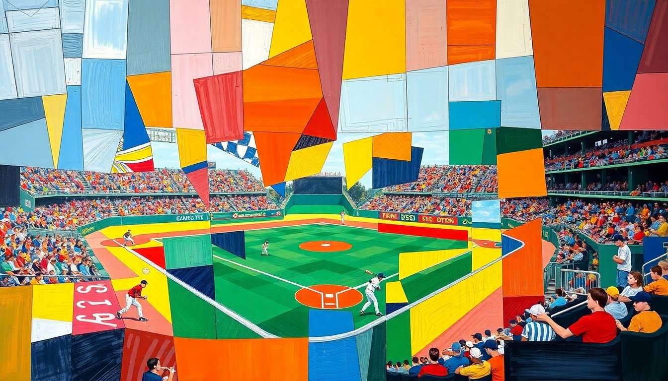 A fragmented, geometric painting depicting a high school baseball game, with sharp planes of color representing the action on the field.