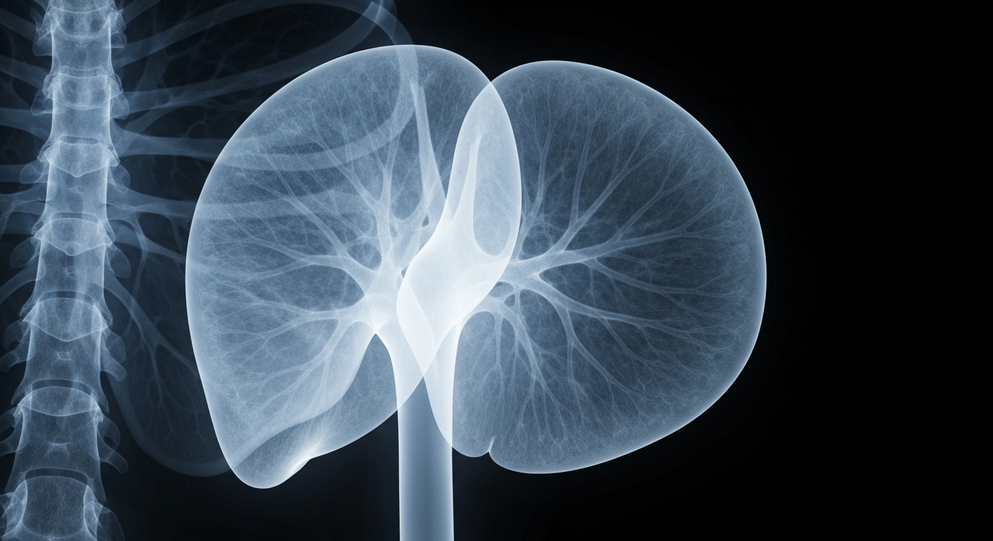 A translucent X-ray image showing the intricate internal structure of a human liver, with glowing blue and grey lines and shapes against a dark background, conceptually representing the protective effects of SGLT2 inhibitors on the liver in patients with type 2 diabetes and cirrhosis.
