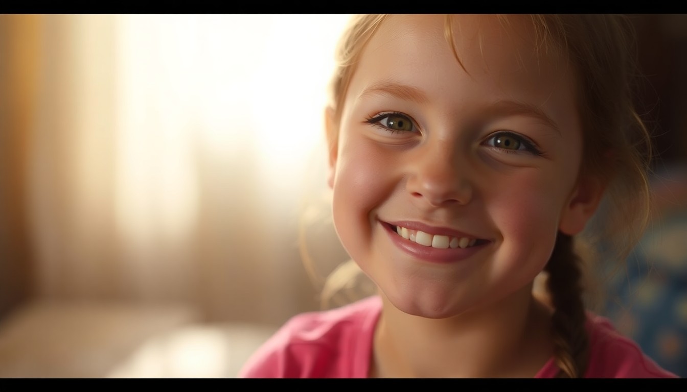 A blurred, warm-toned photograph of a young woman smiling directly at the camera, conveying a sense of hope and positivity.