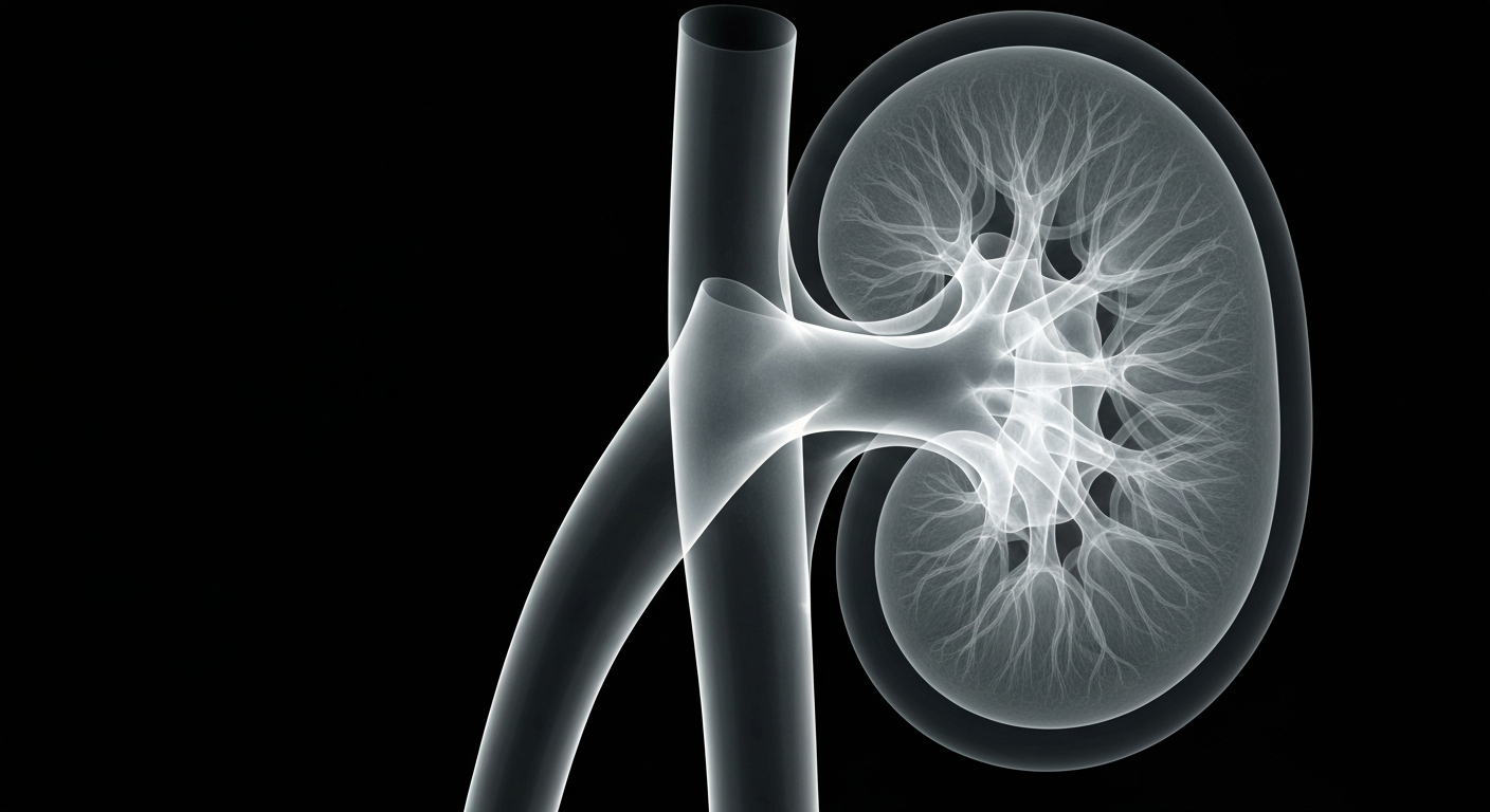 A translucent, ghostly X-ray image revealing the intricate internal structure of a human kidney, with glowing veins and capillaries against a dark background, conceptually representing the medical challenges of kidney disease.