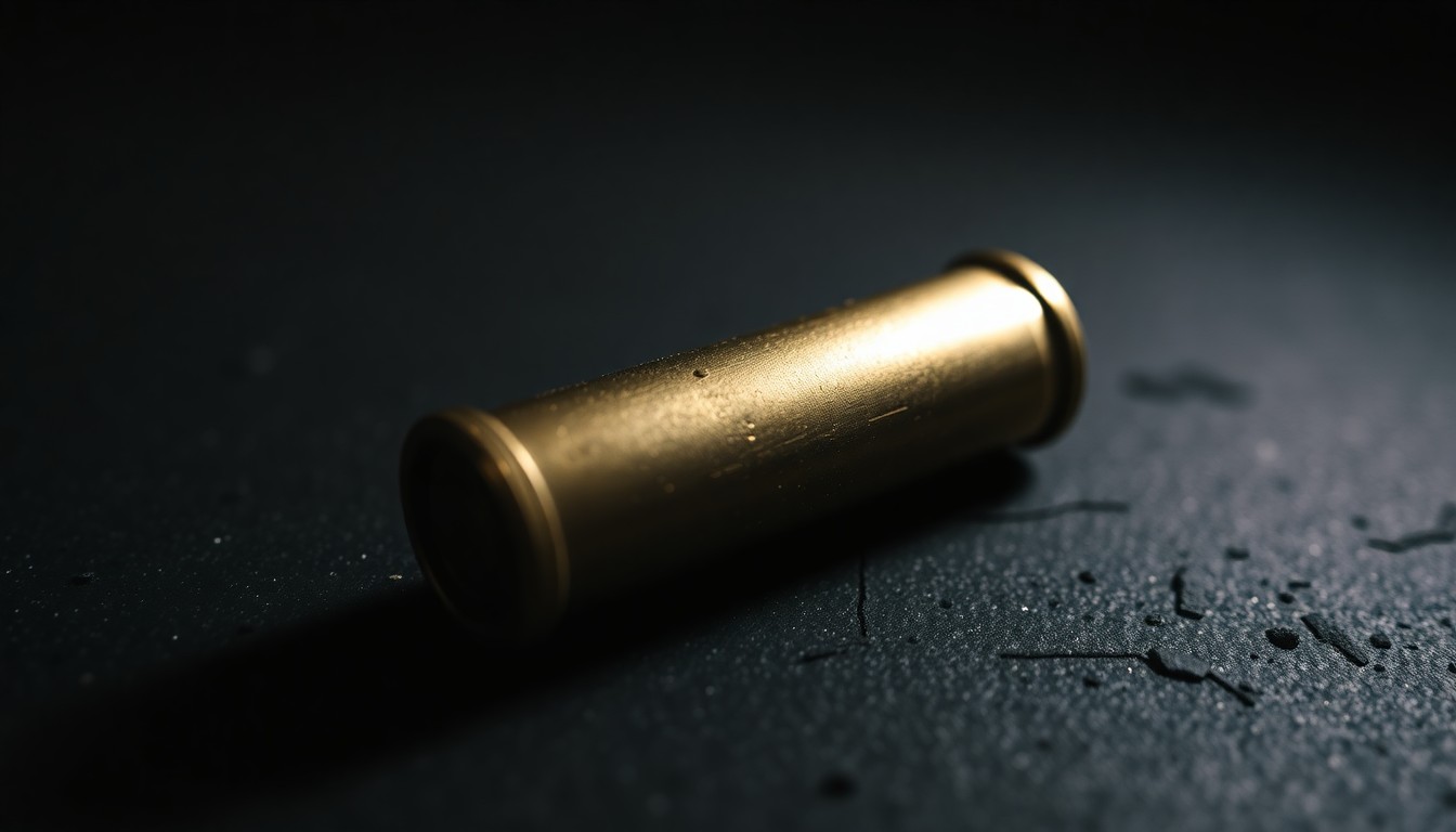 An extreme close-up photograph of a single 9mm shell casing lying on a dark, textured surface, lit by a harsh, direct camera flash, conceptually illustrating the aftermath of a fatal shooting incident.