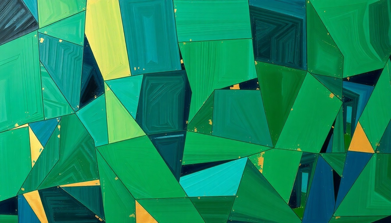 A fractured, geometric painting in shades of green, blue, and gold, depicting the dynamic action and competition of a senior golf tournament in an abstract, deconstructed style.