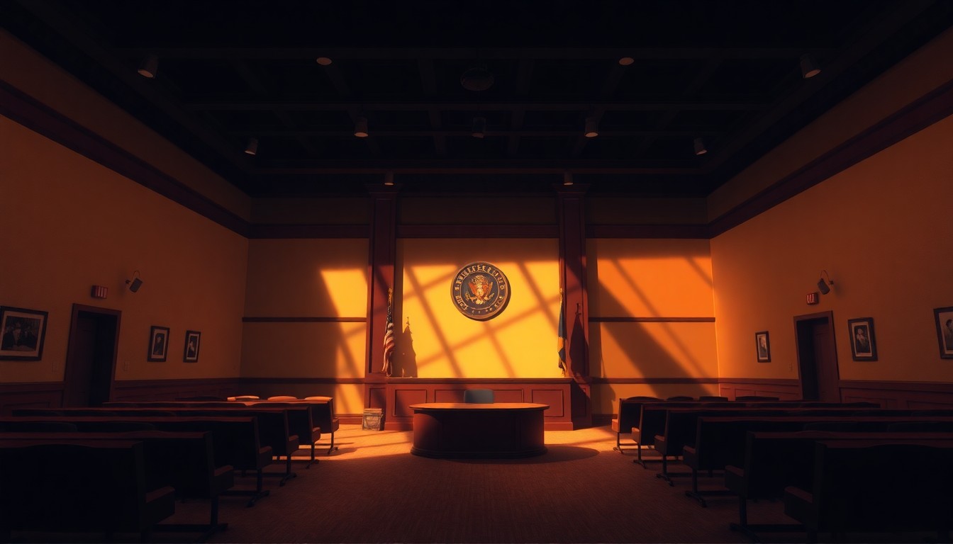 A dimly lit, cinematic painting of an empty city council chamber, with warm sunlight streaming through the windows and deep shadows cast across the room, conveying a sense of nostalgia and transition.