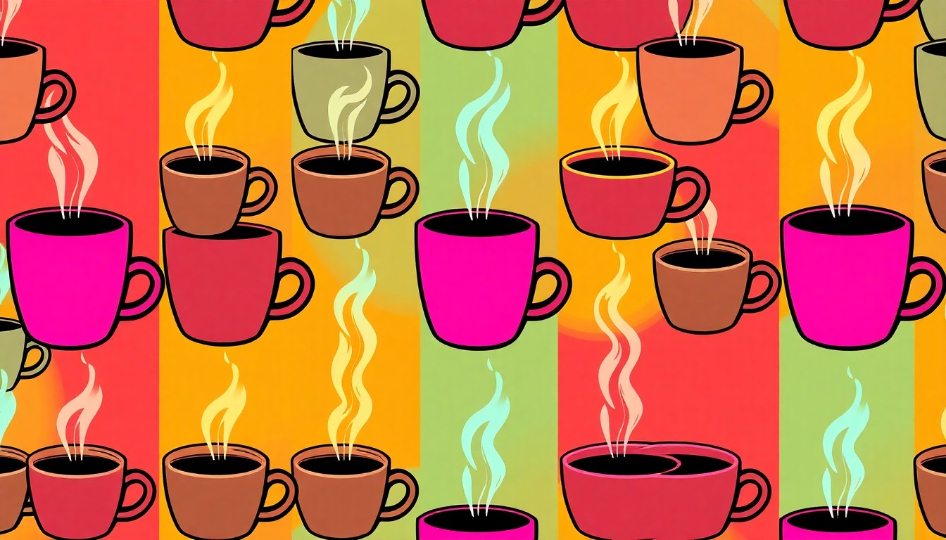 A visually striking, abstract grid of brightly colored, silkscreen-style coffee cups, conceptually representing the competitive spirit and community pride surrounding Knoxville's local coffee scene.