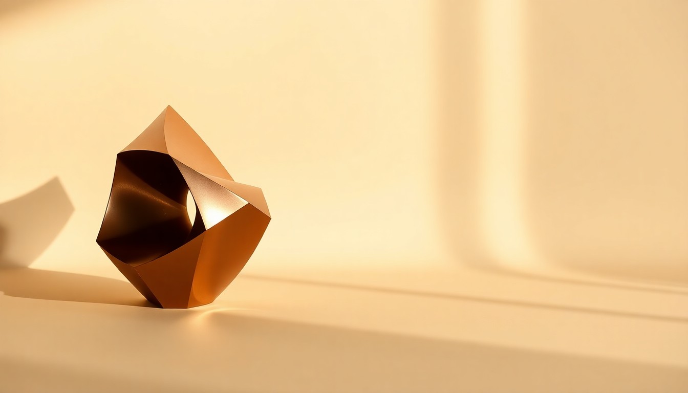 A close-up, high-contrast photograph of a polished, geometric metal sculpture or abstract object in warm, earthy tones, arranged elegantly on a clean, monochromatic background, conveying the conceptual shifts in the Williams-Sonoma business.