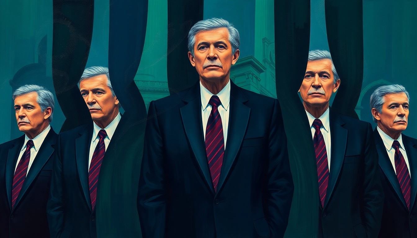 An avant-garde painting featuring a fragmented, overlapping figure in a suit, repeated in geometric waves of dark blue, forest green, and charcoal grey, conveying a sense of political turmoil and scandal.