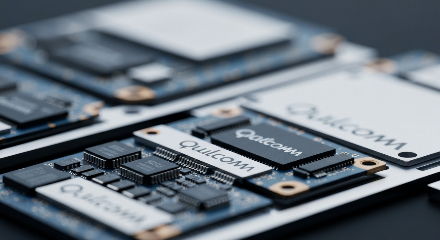 An extreme close-up of complex, metallic Qualcomm semiconductor components and circuit boards, dramatically lit against a dark background, representing the company's critical role in wireless technology infrastructure.