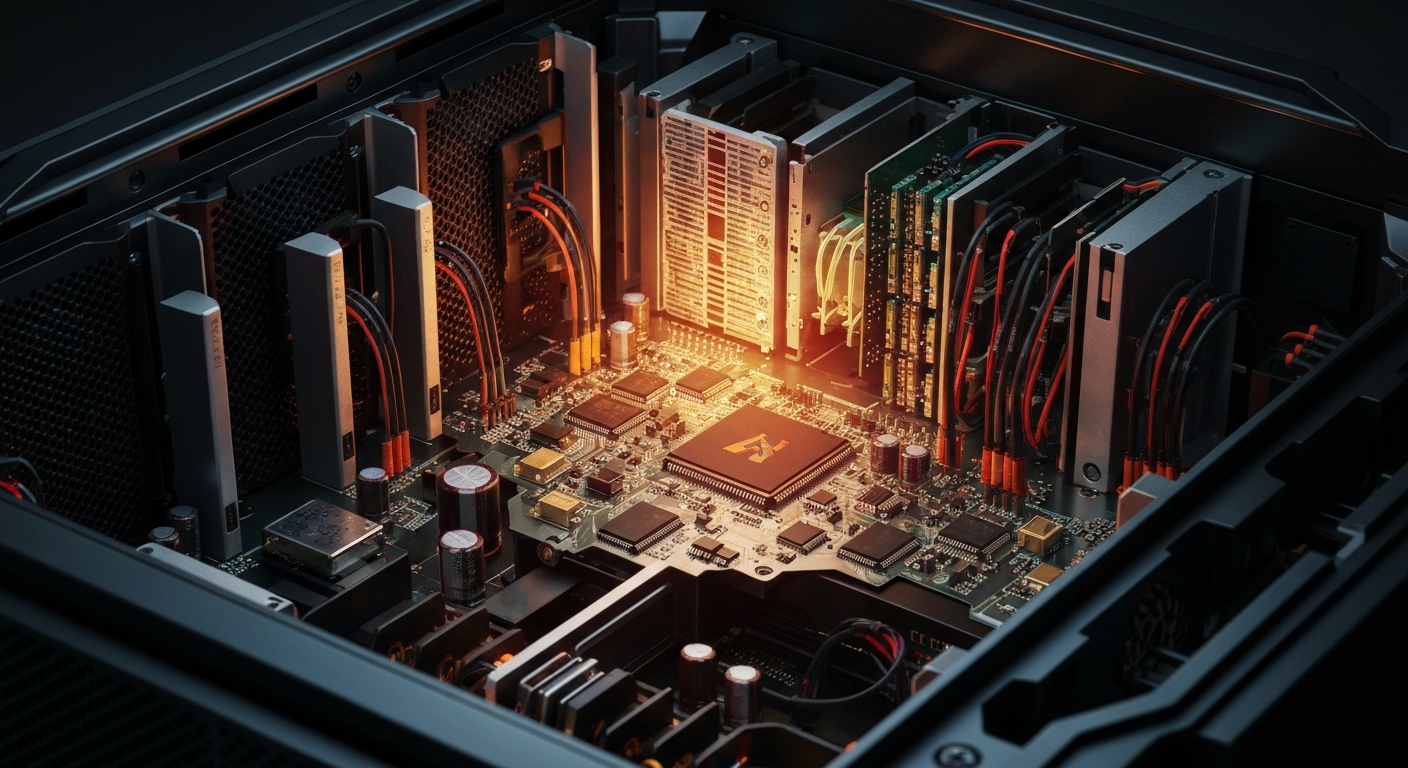 An extreme close-up of the intricate inner workings of a high-performance computer server, with a maze of circuits, wires, and metallic components, conceptually representing the technological backbone that enables Adobe's innovative digital experience solutions.