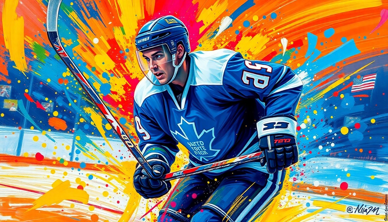 An abstract, expressionist painting in vibrant neon colors capturing the raw energy and movement of a hockey player scoring the game-winning goal in overtime, with the player's face and jersey details dissolving into unrecognizable brushstrokes.