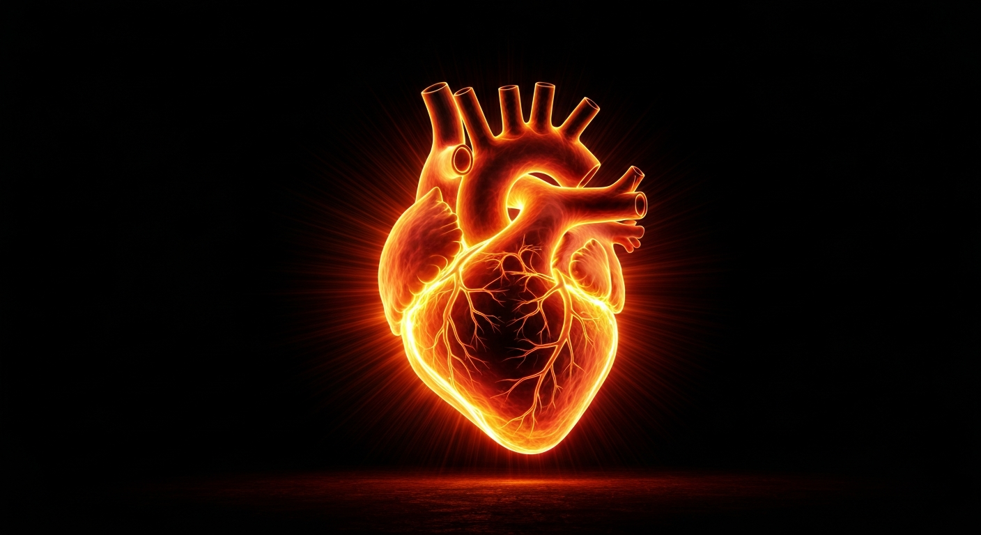 A vibrant, neon outline of a human heart glowing against a dark background, conceptually representing the benefits of hormone replacement therapy for cardiovascular health.