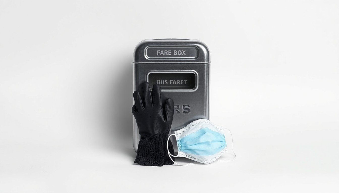 A photorealistic studio still life featuring a polished metal bus fare box, a pair of work gloves, and a face mask arranged elegantly on a clean, monochromatic background, conceptually representing the tools and protective equipment used by Honolulu's bus workers during the pandemic.
