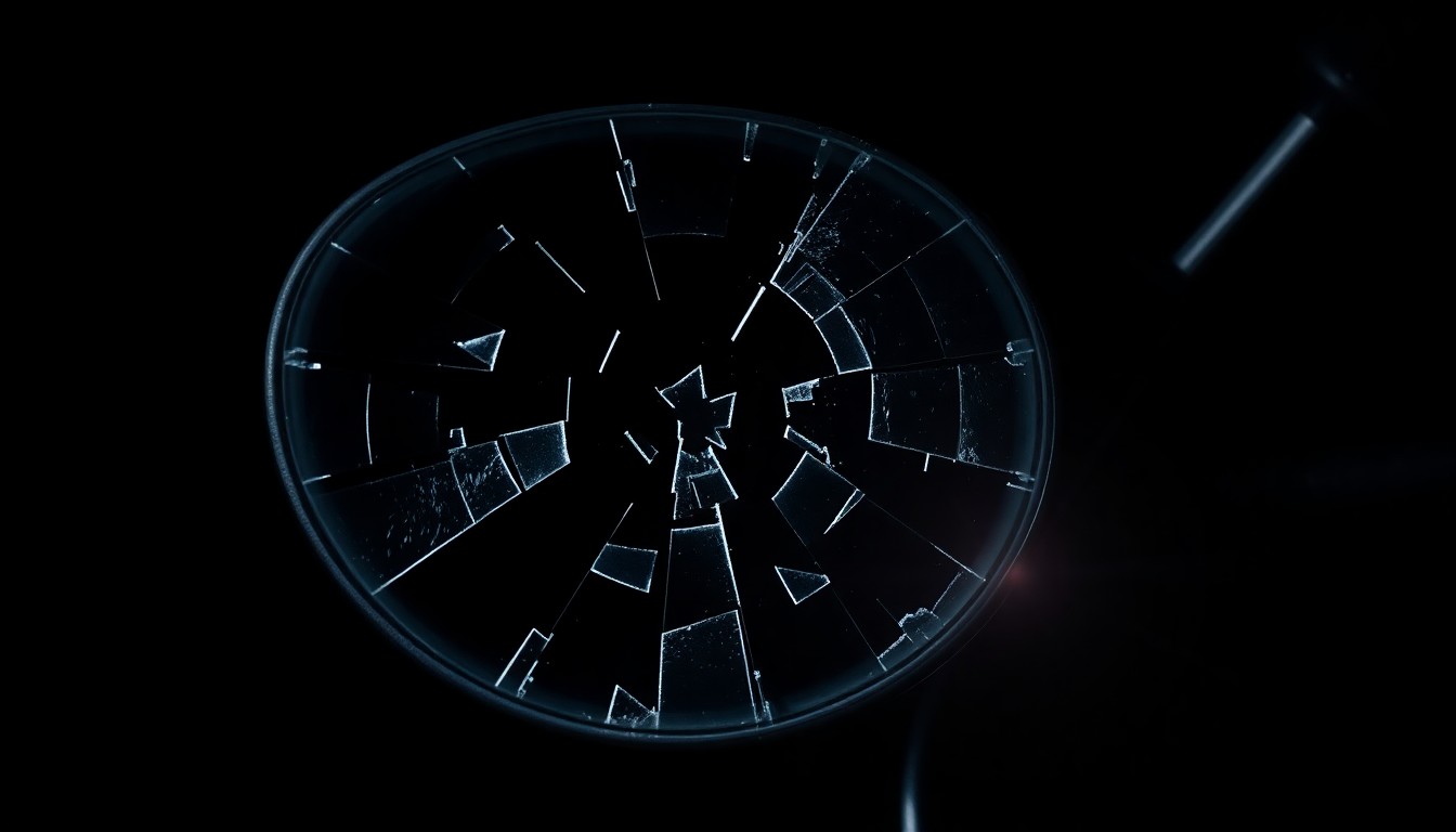 An extreme close-up photograph of a shattered moped part, such as a mirror or turn signal lens, against a dark background, capturing the gritty aftermath of a fatal collision.