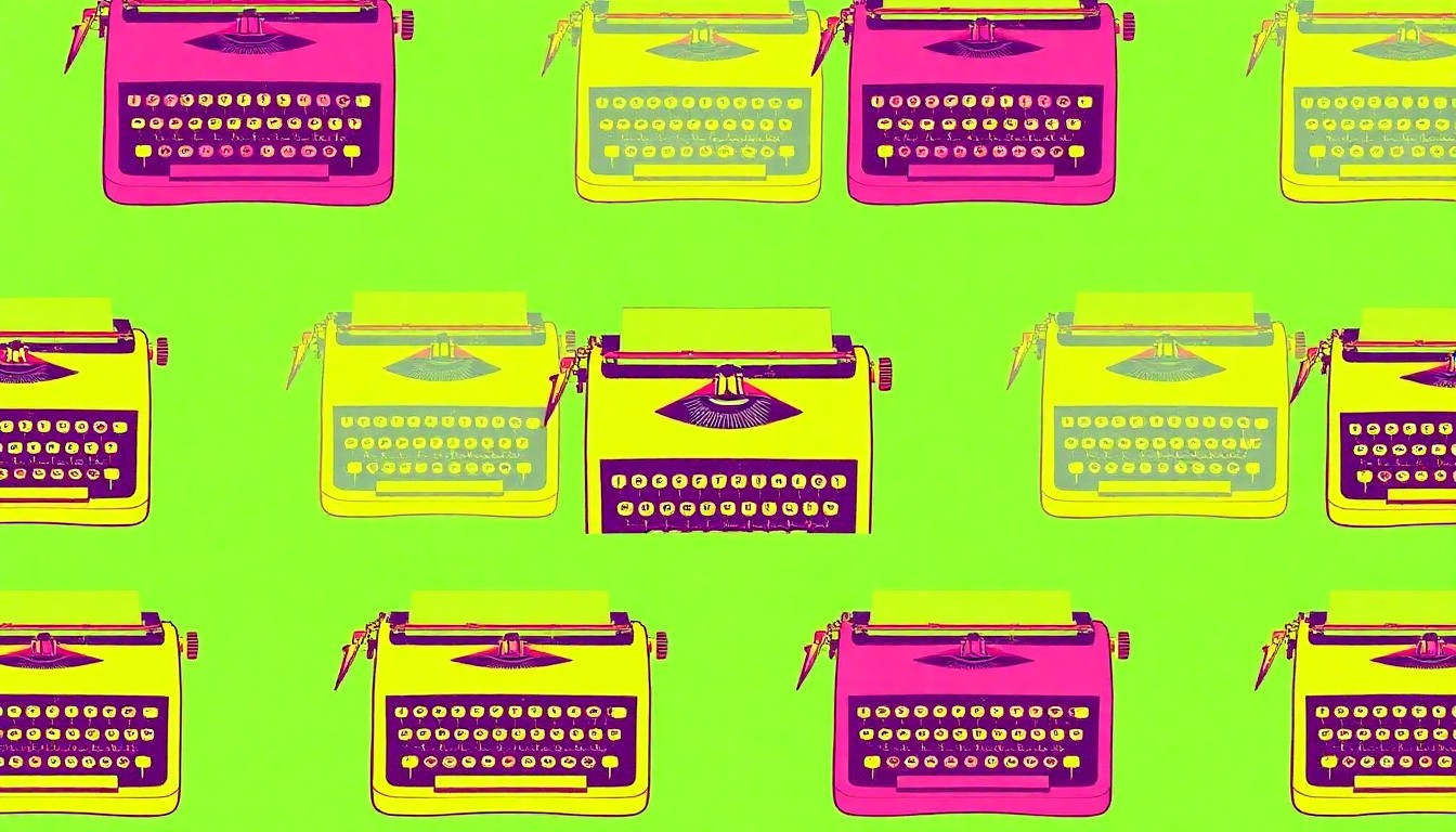 A high-contrast, silkscreen-style illustration of a vintage typewriter repeated in a grid pattern, rendered in a bold, neon color palette with heavy black outlines, conceptually representing the iconic tools and creative spirit of a longtime journalist.
