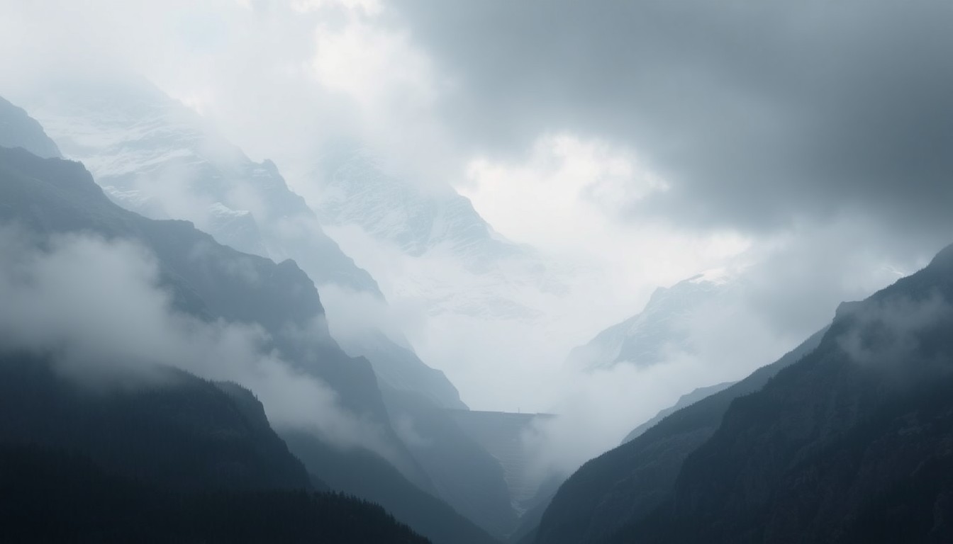 A sweeping, atmospheric landscape painting in muted tones of grey, blue, and white, depicting a towering mountain range shrouded in heavy fog. A small, isolated dam structure can be seen in the distance, dwarfed by the sublime natural scenery.