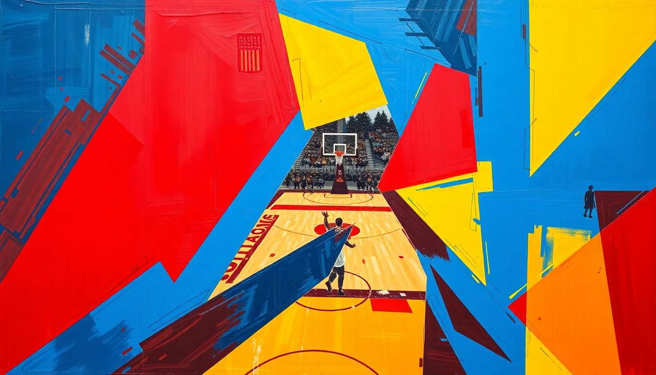 A cubist, geometric painting depicting a college basketball game, with sharp, overlapping planes of bright red, blue, and yellow colors representing the dynamic energy and action of the sport.