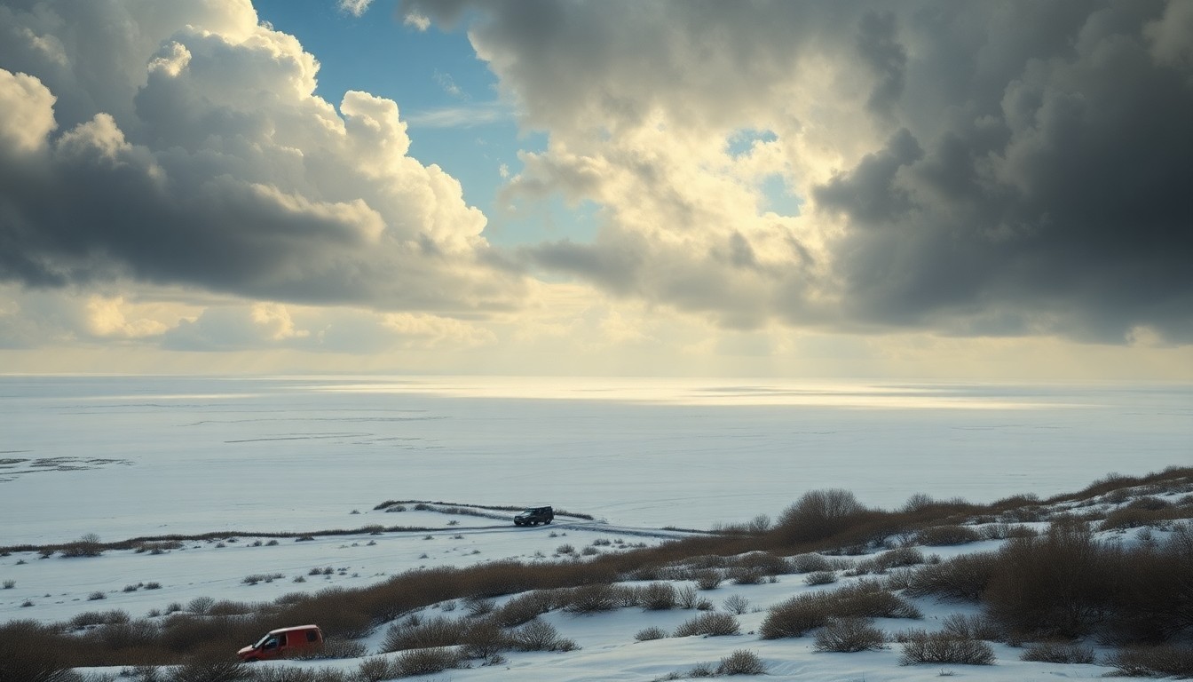 A sweeping, atmospheric landscape painting in muted tones of gray, white, and blue, depicting a vast, frozen expanse under a dramatic, cloudy sky. The scene conveys a sense of the overwhelming, sublime scale of the natural world, with the frozen ground and vegetation dwarfing any small, isolated structures or vehicles.