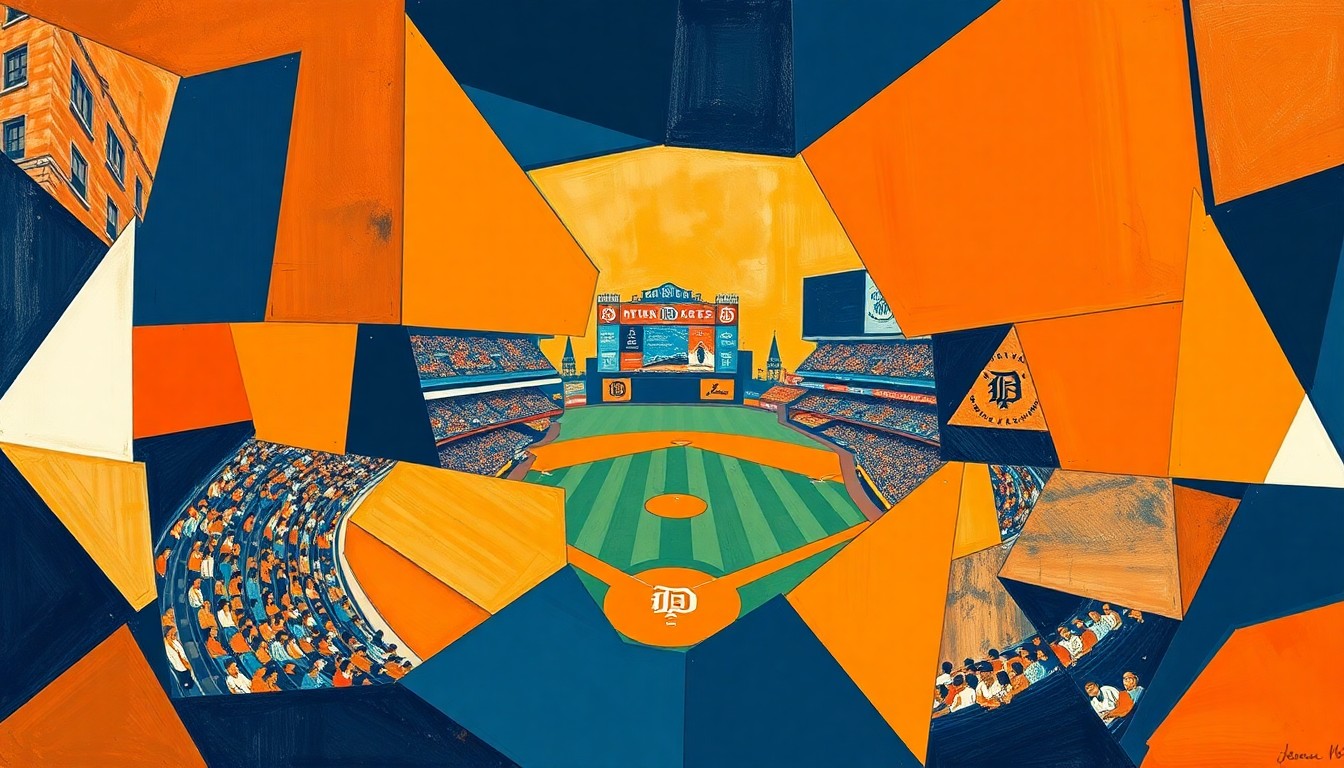A fragmented, geometric painting depicting a Tigers baseball game, with sharp planes of navy blue, orange, and white overlapping to create a dynamic, multi-perspective scene.