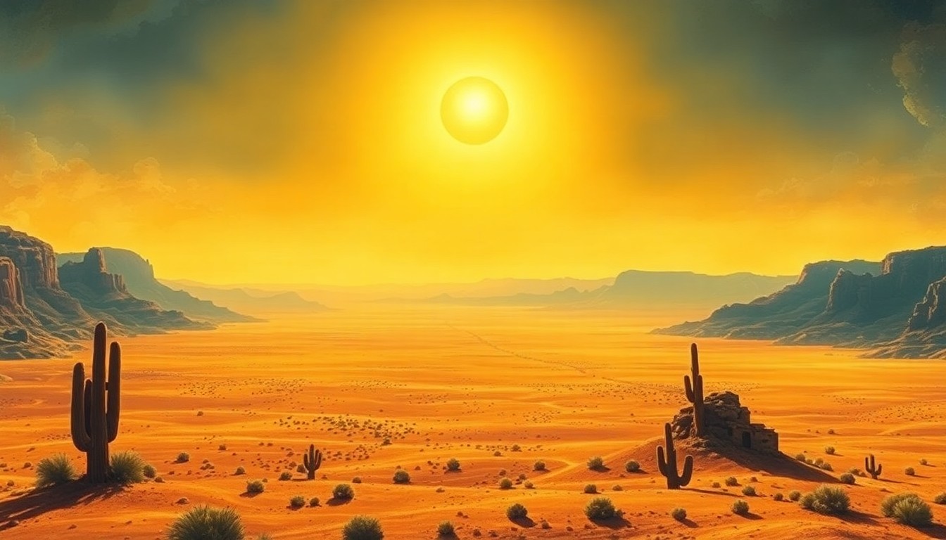 A vast, sweeping landscape painting in muted earth tones, with a blazing sun dominating the sky and casting long shadows across the arid desert terrain below, conveying the overwhelming scale and intensity of the Tucson heat wave.