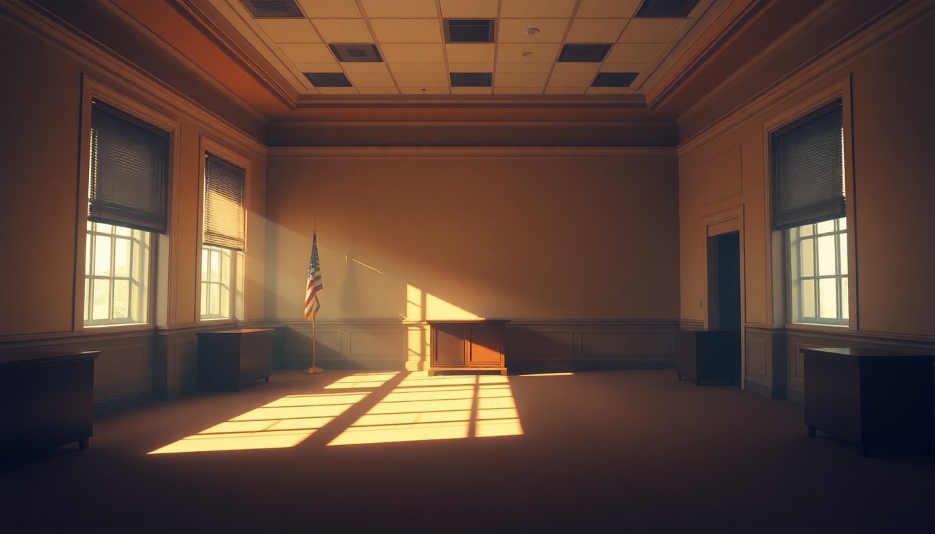 A dimly lit, cinematic painting of an empty government office space, with warm sunlight streaming in through the windows and deep shadows cast across the room, creating a sense of tension and unease.