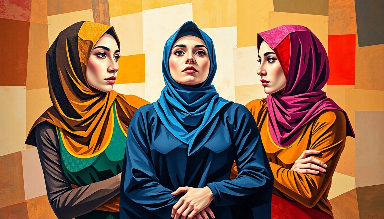 A cubist-style painting featuring three female wrestlers in dynamic, overlapping geometric poses, their hijabs and uniforms rendered in bold, contrasting colors, capturing the energy and determination of the McBryde sisters' historic quest.