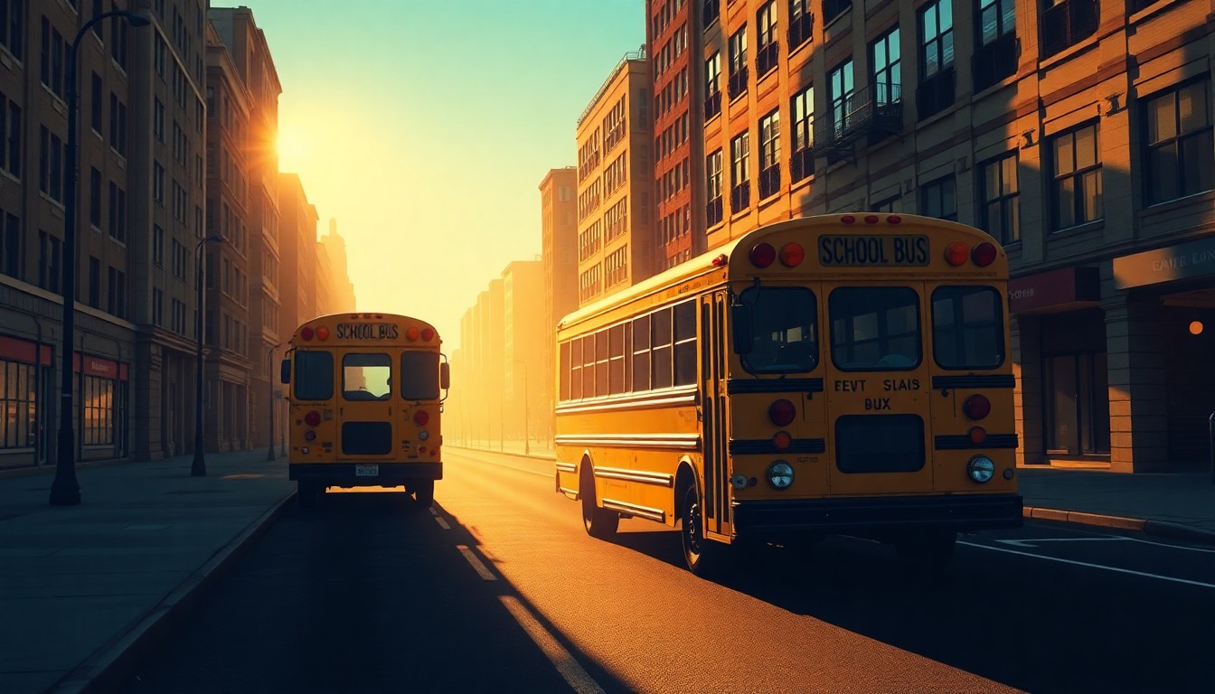 A solitary school bus parked on an empty city street, the warm sunlight and deep shadows creating a cinematic, nostalgic mood that evokes the growing tensions between local school districts and state education policies in Tennessee.