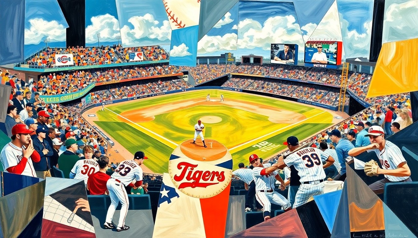 A cubist-style painting depicting a baseball game or match, with the players and field broken down into sharp, overlapping geometric shapes and planes of color, conveying the raw energy and movement of the sport.