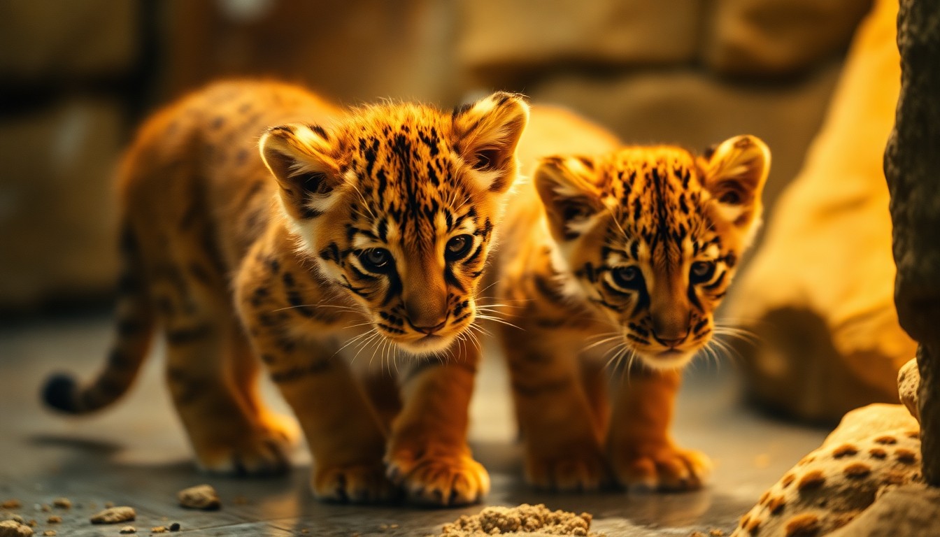 An abstract, out-of-focus scene of two young mountain lion cubs playing and exploring their habitat, with soft, warm pools of color and light creating a dreamlike, atmospheric mood.