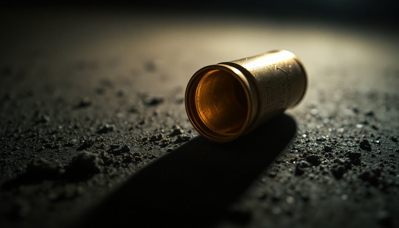 An extreme close-up of a single spent shell casing on a dark, textured surface, dramatically lit by a harsh camera flash to create a stark, gritty investigative aesthetic.