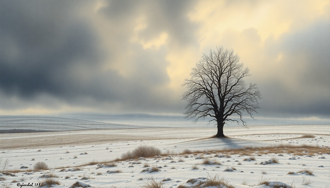 A snow-covered rural scene with a heavy, overcast sky and a lone, bare tree in the foreground, conveying a sense of melancholy and the overwhelming power of nature.