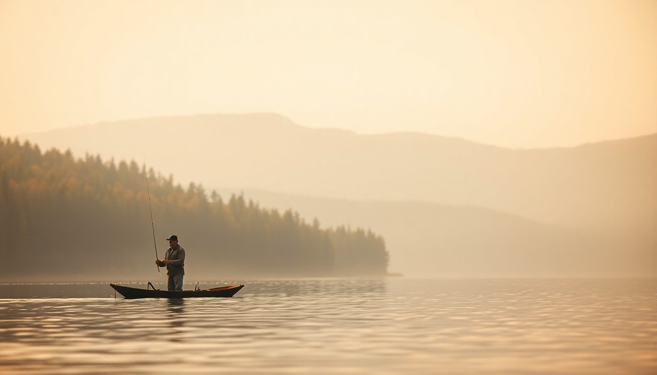 A blurred, impressionistic photograph showing the silhouette of a lone fisherman casting his line into a calm lake, surrounded by the hazy, out-of-focus shapes of trees and mountains in the distance, conveying a sense of solitude and tranquility.