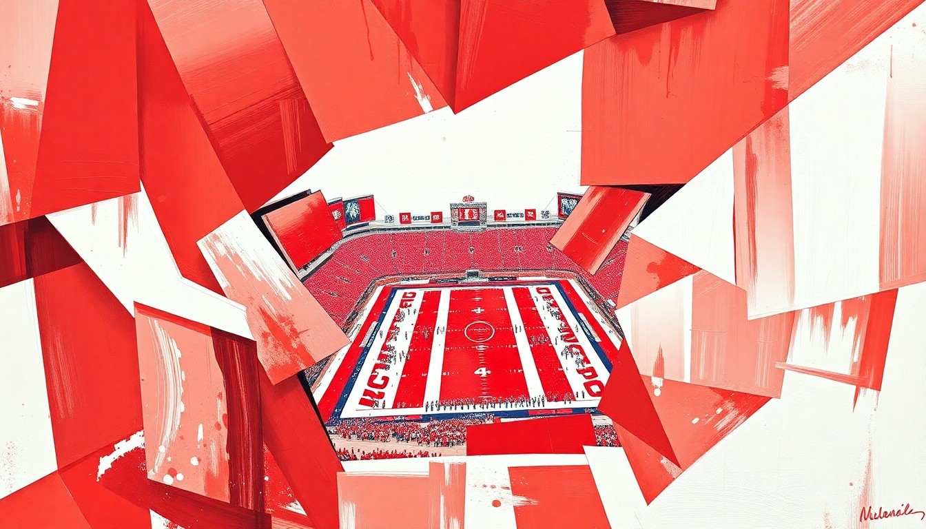 A fragmented, geometric painting depicting a Wisconsin Badgers football game, with sharp planes of cardinal red and white representing the dynamic action on the field.
