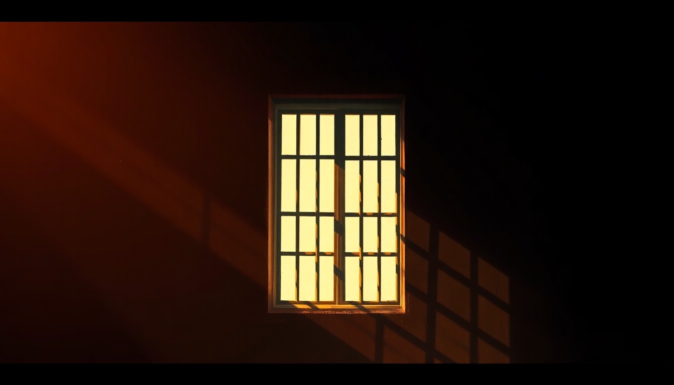 A serene, photorealistic painting of a prison cell window with warm, golden sunlight streaming in, casting deep shadows across the frame and evoking a sense of hope and possibility for the future.