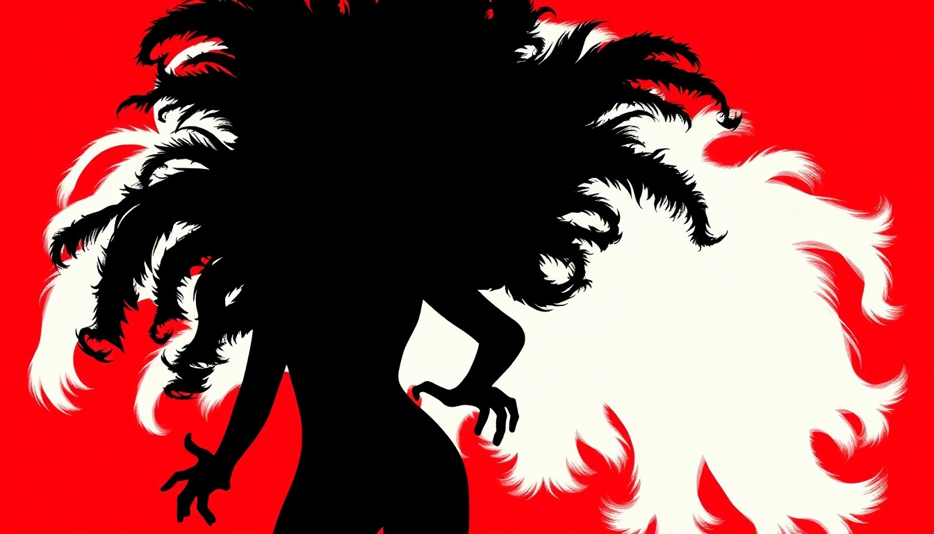 An abstract, minimalist illustration featuring bold, jagged black silhouettes of drag performers against a backdrop of bright red and white shapes, conveying the energy and artistry of the Femme Bar's drag events.