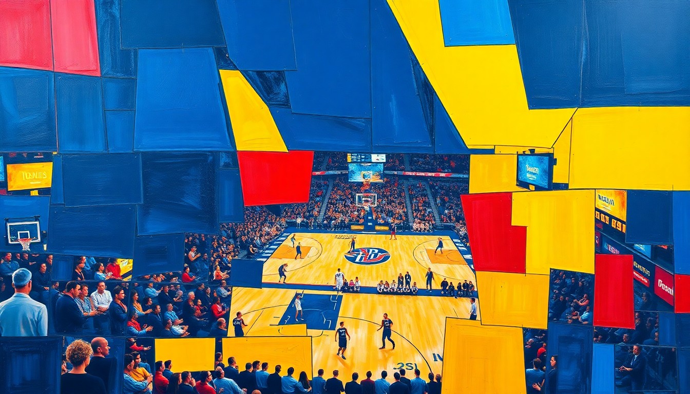 A cubist, geometric painting depicting the basketball court, players, and spectators at the Final Four in a fractured, multi-perspective style using sharp, overlapping planes of navy, crimson, and yellow.