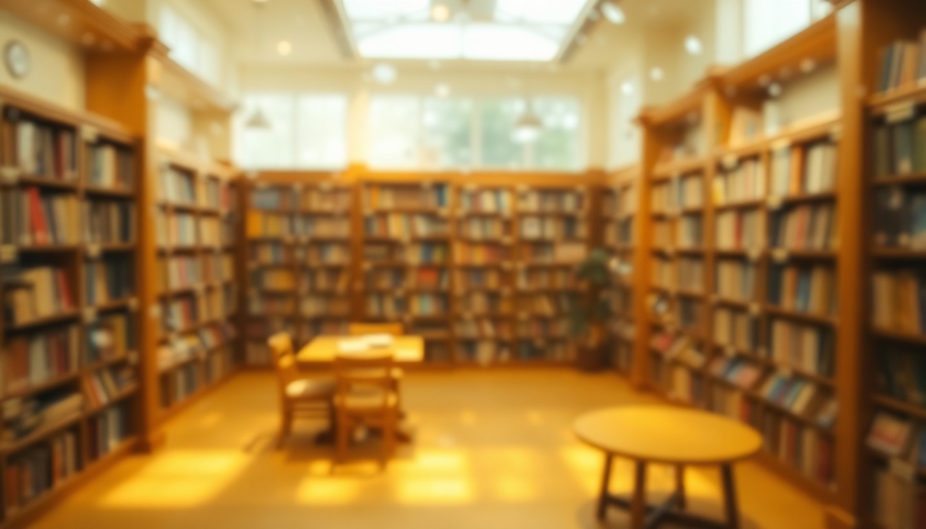 An impressionistic, out-of-focus photograph showing the blurred silhouettes of bookshelves and reading areas inside a library, conveying a sense of the library's importance as a community hub despite its current closure.