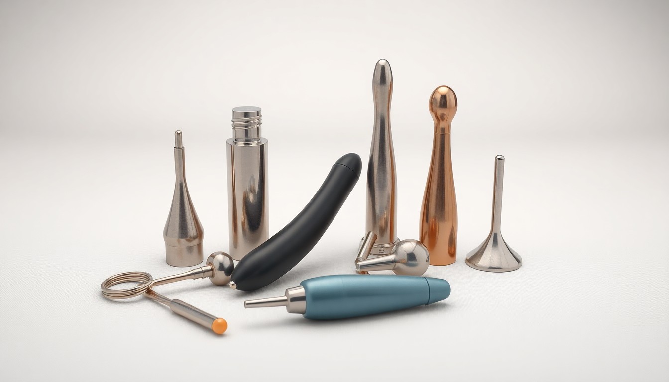 A minimalist studio still life featuring a collection of sleek, modern male sex toys arranged in a clean, elegant composition, symbolizing the industry's shift toward high-tech, body-safe products that integrate with personal health and wellness.
