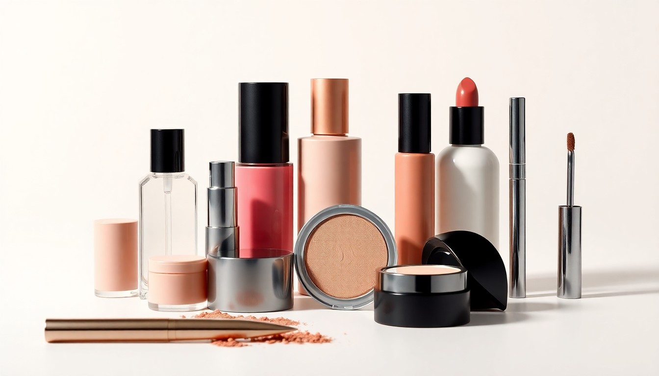 A high-end, photorealistic studio still-life featuring a collection of premium, polished makeup products in geometric shapes and raw materials, arranged elegantly on a clean, monochromatic background, conceptually representing the beauty industry's shift toward weightless, skin-mimicking color cosmetics.