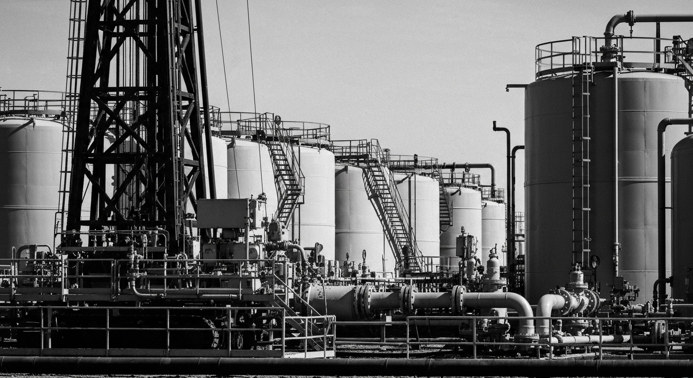A high-contrast, black and white close-up photograph of oil and gas industry equipment, such as storage tanks or drilling rigs, conveying the physical, industrial nature of the energy business.