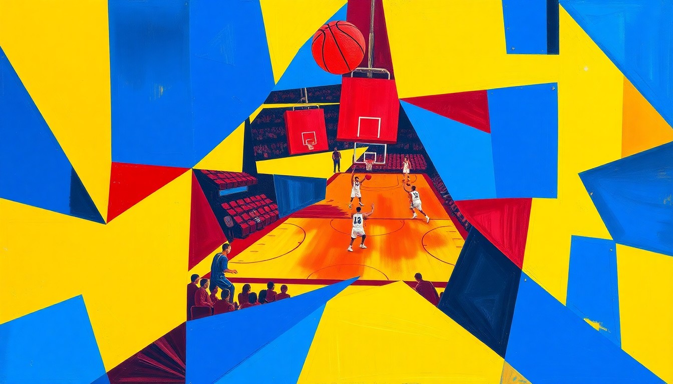A cubist, geometric painting depicting fragmented, overlapping scenes of a college basketball game, with sharp planes of color representing the dynamic action on the court.