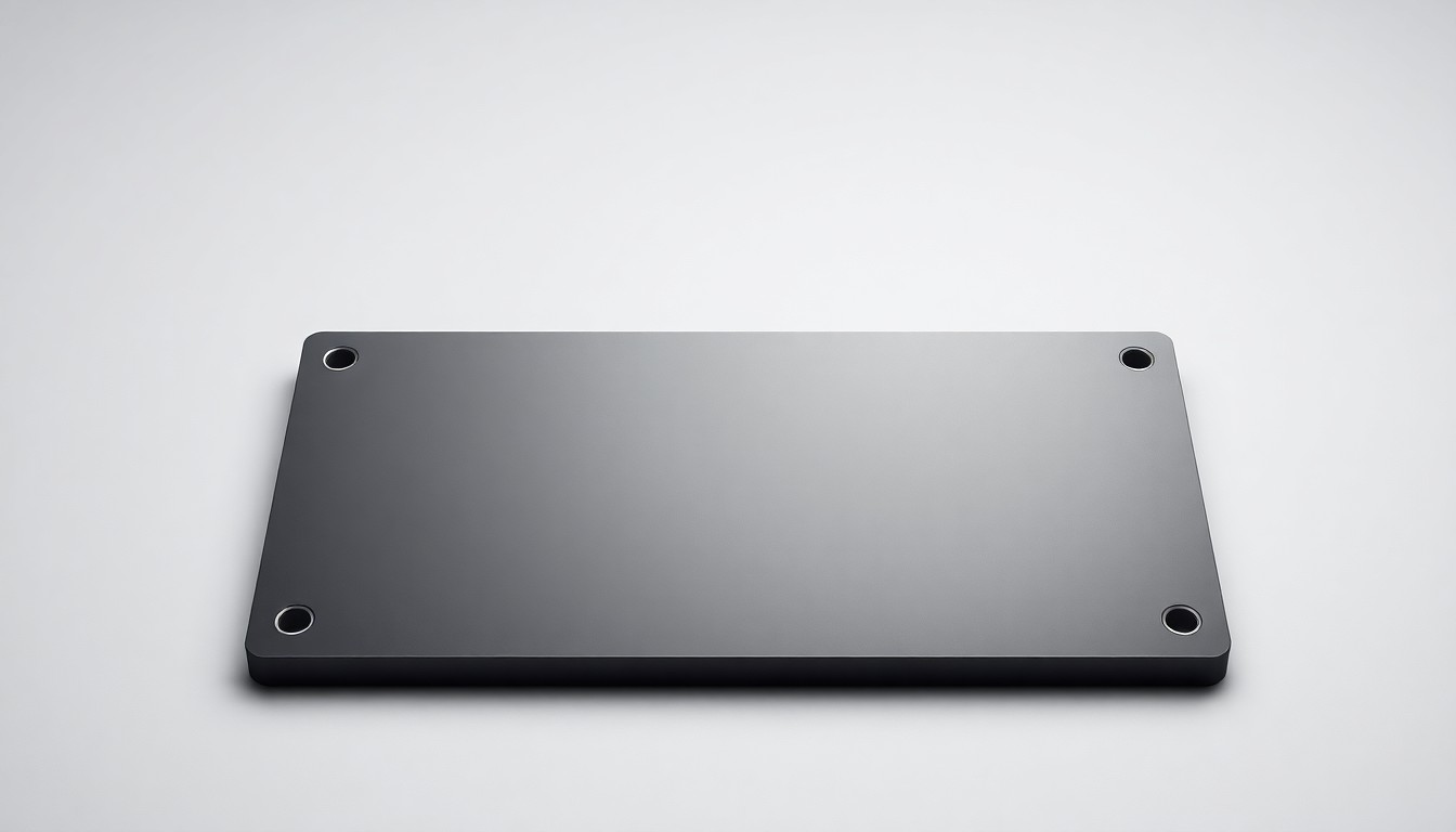 A close-up photograph of a polished, charcoal gray steel plate resting on a clean, monochromatic background, highlighting the precision and durability of wear-resistant materials.