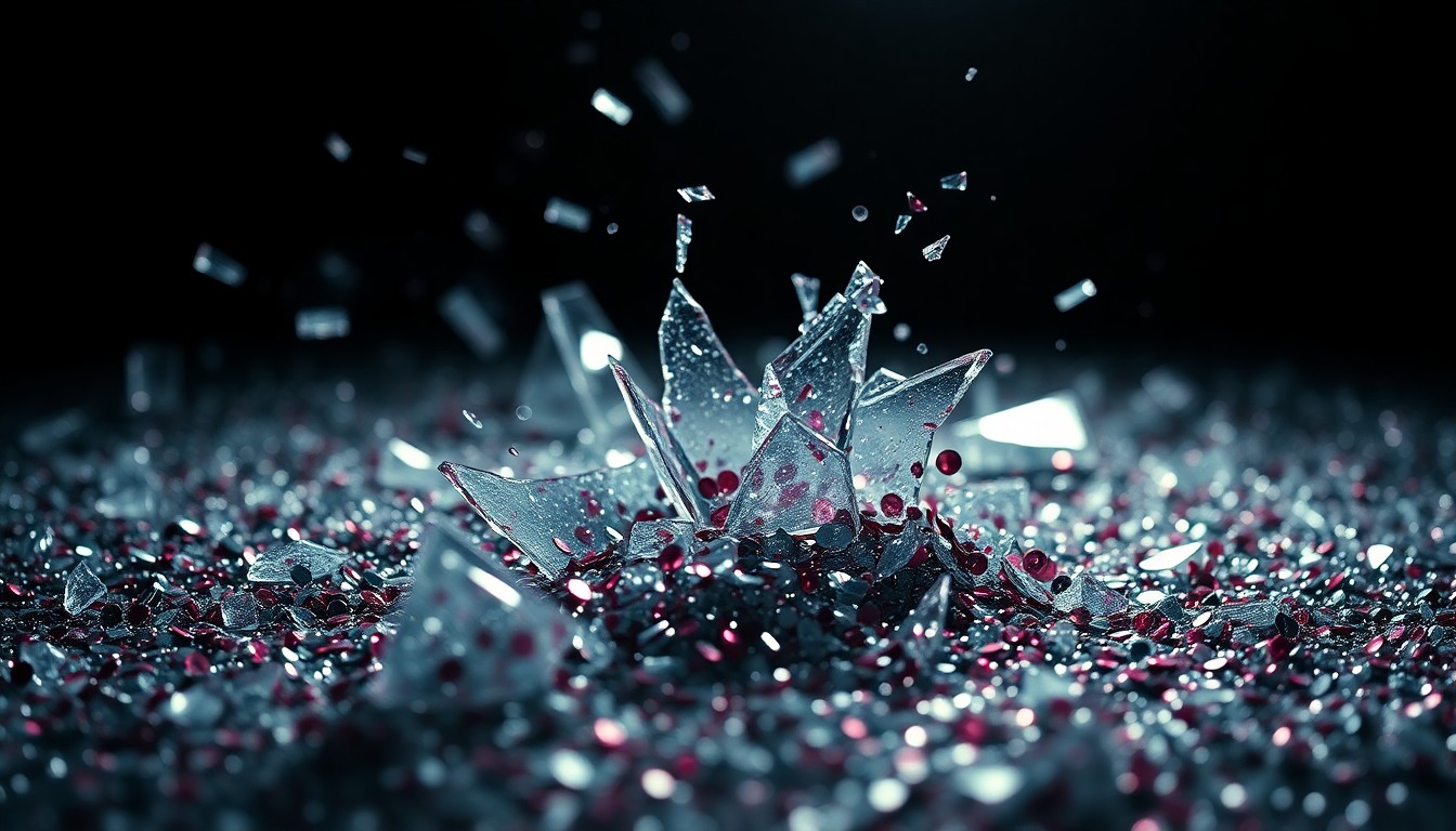 An abstract close-up image of shattered glass and glittering sequins, captured in dramatic high-contrast lighting to convey the glamour and tragedy of celebrity culture.