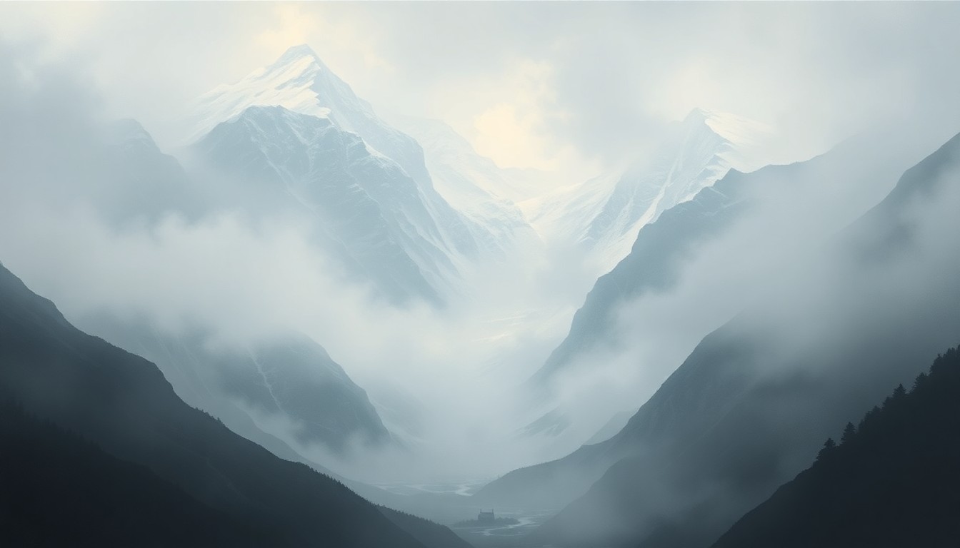 A sweeping, atmospheric landscape painting in muted tones of gray, blue, and white, depicting a snow-capped mountain range partially obscured by thick fog, with a small, isolated structure barely visible in the distance, conveying the overwhelming scale and power of the natural environment.