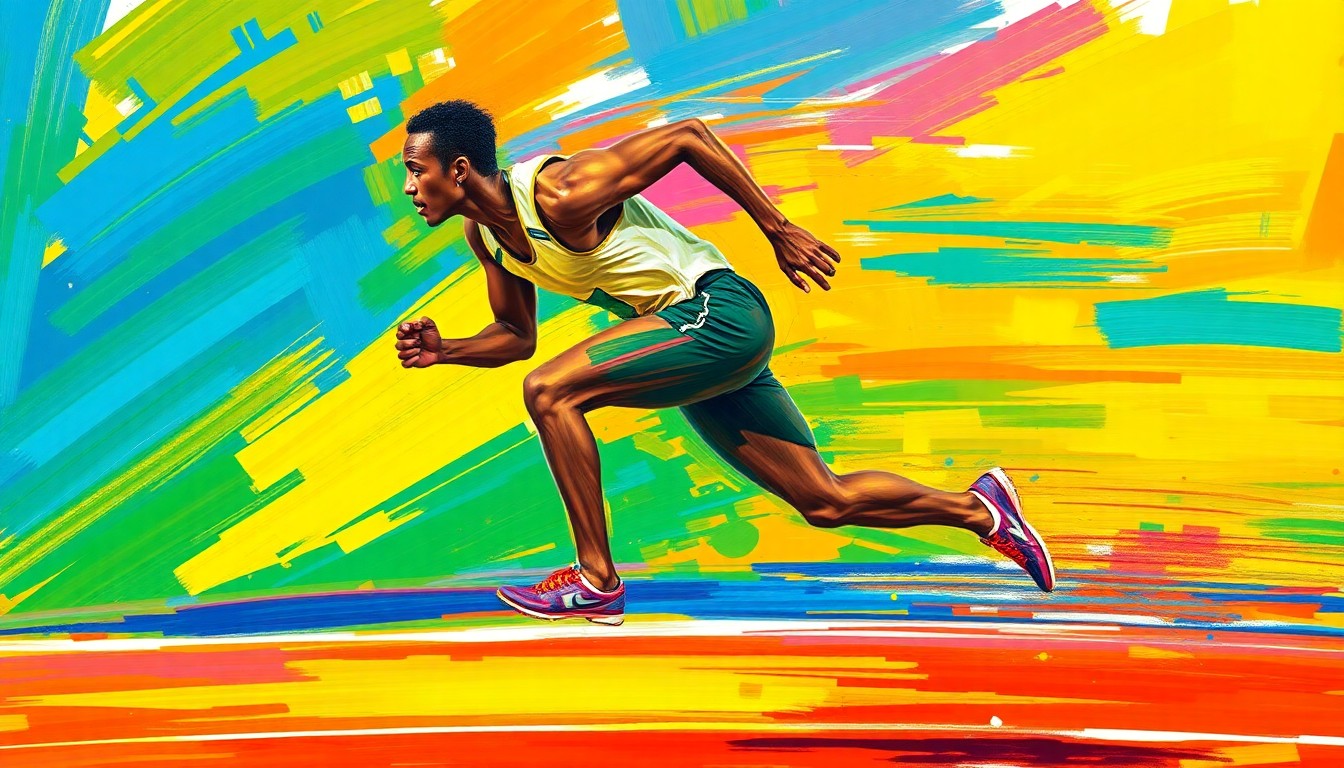 An abstract painting with bold, energetic brushstrokes in neon colors representing the dynamic motion of a sprinter racing on a track.
