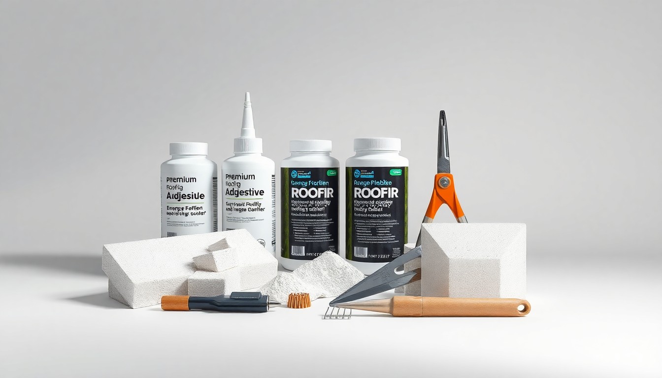 A high-end, photorealistic studio still-life photograph featuring a collection of premium roofing adhesive materials and tools arranged elegantly on a clean, monochromatic background, conceptually representing the abstract concepts of energy efficiency, wind uplift resistance, and environmental compliance in the roofing adhesives industry.