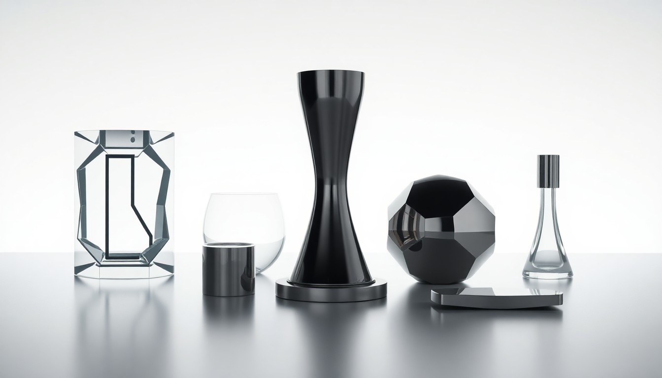 A high-end, photorealistic studio still-life photograph featuring a collection of polished, geometric glass and metal objects arranged elegantly on a clean, monochromatic seamless background, conceptually representing the abstract concepts of corporate strategy, finance, and market trends in the beta-damascenone industry.
