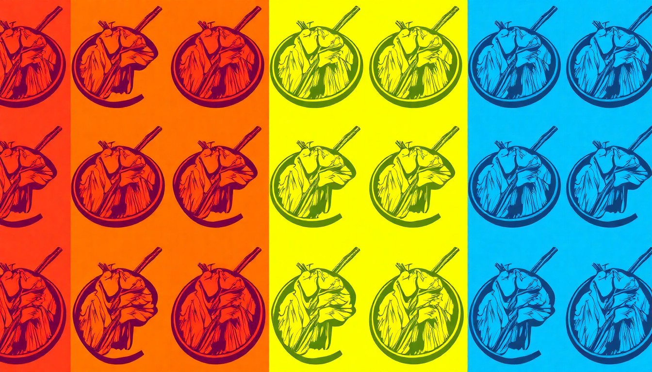 A brightly colored, high-contrast silkscreen print of a single, iconic Korean barbecue dish repeated in a tight grid pattern, capturing the bold and playful energy of the new KPot restaurant.