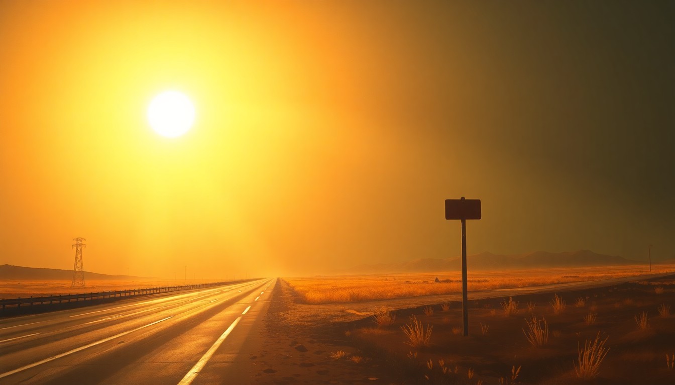 A serene, cinematic painting of a lone highway sign post standing in a field, its metal surface reflecting the warm glow of the setting sun and casting long shadows across the pavement, conveying a sense of political tension and nostalgia.
