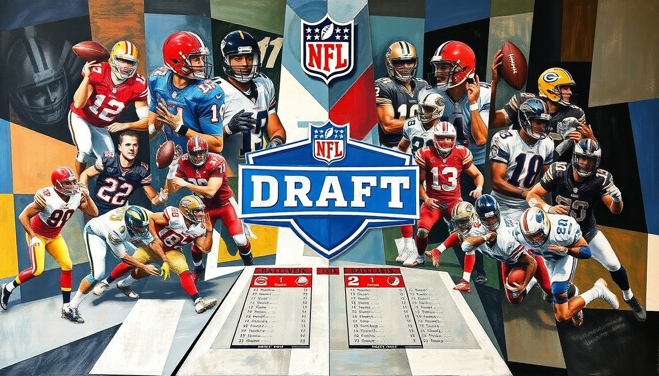 A fragmented, geometric painting depicting the NFL draft process through overlapping shapes and planes, capturing the collaborative nature of player evaluation and selection.