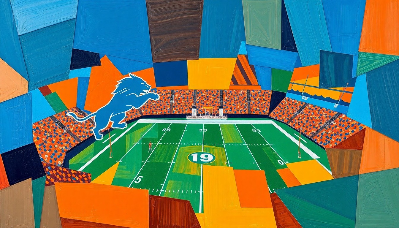 A fragmented, geometric painting depicting a Detroit Lions football game, with sharp, overlapping planes of color representing the team's defensive formations and player movements.